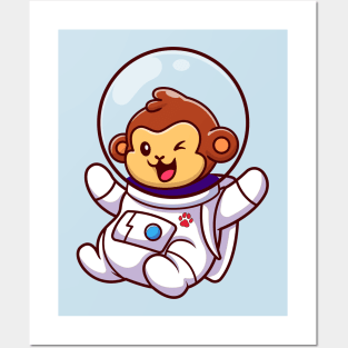 Cute Monkey Astronaut Floating Cartoon Posters and Art